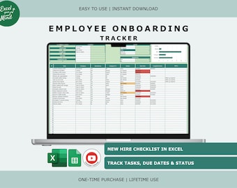 Könnte beinhalten: Ein digitaler Mitarbeiter-Onboarding-Tracker auf einem Laptop-Bildschirm, der eine Tabelle mit Spalten für Aufgaben, Kategorien, Status und Fälligkeitsdaten zeigt. Die Benutzeroberfläche enthält Fortschrittsdiagramme sowie Excel- und Sheets-Symbole.