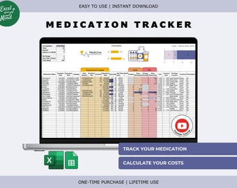 Puede incluir: Una pantalla de portátil muestra una hoja de cálculo de seguimiento de medicamentos. La hoja de cálculo incluye secciones para el nombre del medicamento, la dosis y el costo. La imagen también incluye el texto "MEDICATION TRACKER", "TRACK YOUR MEDICATION" y "CALCULATE YOUR COSTS".