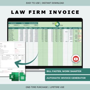 May include: A digital invoice template for law firms, displayed on a laptop screen, with a sample invoice and Excel and spreadsheet icons. The image includes the text "LAW FIRM INVOICE", "BILL FASTER, WORK SMARTER", and "AUTOMATIC INVOICE GENERATOR".