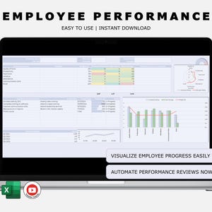 Puede incluir: Una pantalla de computadora portátil que muestra una hoja de cálculo con el título "EMPLOYEE PERFORMANCE" y el texto "EASY TO USE | INSTANT DOWNLOAD". La hoja de cálculo incluye gráficos y diagramas. La pantalla también muestra el texto "VISUALIZE EMPLOYEE PROGRESS EASILY" y "AUTOMATE PERFORMANCE REVIEWS NOW".