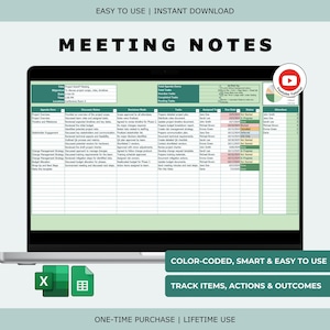 May include: A laptop screen displays a spreadsheet titled "Meeting Notes." The spreadsheet is color-coded and includes sections for agenda items, discussion notes, decisions, and action items. The image also includes the text "Color-coded, smart & easy to use."