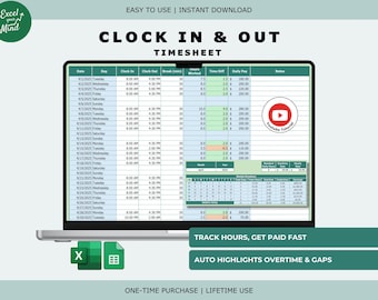 Scheda di presenza in entrata e in uscita: monitoraggio automatico delle ore, calcolatore della retribuzione degli straordinari (Excel, Google Sheets)