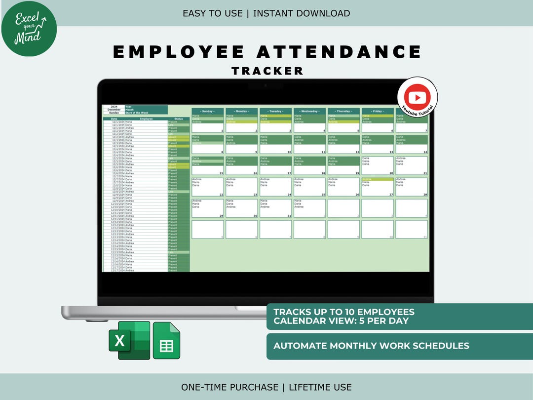 Employee Attendance Tracker: Monthly Calendar View + Status Log (excel ...