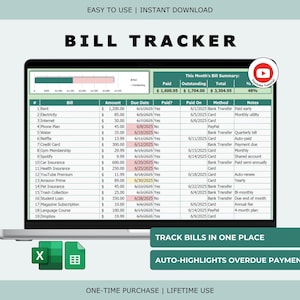 Puede incluir: Una pantalla de portátil muestra una hoja de cálculo de seguimiento de facturas con datos financieros. La hoja de cálculo incluye columnas para facturas, importes, fechas de vencimiento y métodos de pago. El texto en la parte inferior dice: "SEGUIMIENTO DE FACTURAS EN UN SOLO LUGAR" y "RESALTAR AUTOMÁTICAMENTE LOS PAGOS VENCIDOS".