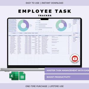 Puede incluir: Un ordenador portátil muestra una hoja de cálculo de seguimiento de tareas de empleados con gráficos y datos. La pantalla muestra el título "EMPLOYEE TASK TRACKER" en negrita. La imagen incluye el texto "EASY TO USE | INSTANT DOWNLOAD" y "MASTER TASK MANAGEMENT WITH EASE".