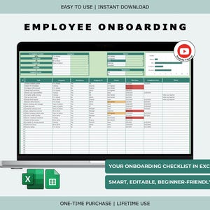 May include: A laptop screen shows an employee onboarding checklist in Excel. The spreadsheet is green and white, with columns for tasks, categories, and deadlines. Text includes "Employee Onboarding" and "Your Onboarding Checklist in Excel."