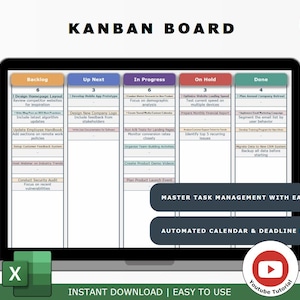 Kanban Board Excel Template | Project Tracker with Monthly & Yearly Calendars with Automated Deadline Visualization