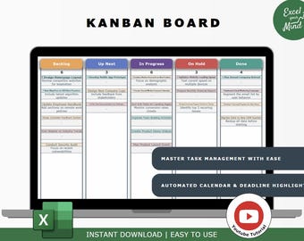 May include: A computer screen displaying a Kanban board with five columns labelled "Backlog", "Up Next", "In Progress", "On Hold", and "Done". Each column contains a list of tasks with descriptions. The screen also includes the text "MASTER TASK MANAGEMENT WITH EASE" and "AUTOMATED CALENDAR & DEADLINE HIGHLIGHTS".