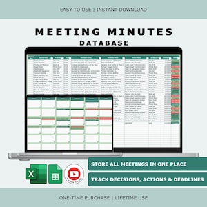 May include: A digital meeting minutes database template displayed on a laptop screen, featuring a spreadsheet with columns for meeting details, decisions, and action items. Includes a calendar view, Excel and Sheets icons, and a YouTube tutorial link.