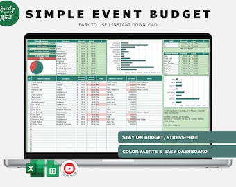 Painel de controle do orçamento de eventos: totais de categorias, status de pagamento (Excel e Planilhas Google)