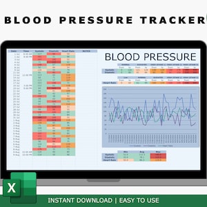 May include: A laptop screen displaying a blood pressure tracker spreadsheet with a graph showing systolic, diastolic, and heart rate data. The spreadsheet includes columns for date, time, systolic, diastolic, heart rate, and notes. The graph shows the data over a period of several weeks. The spreadsheet is titled "Blood Pressure Tracker".