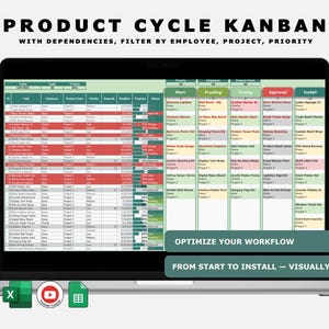 以下が含まれることがあります： ラップトップの画面には、列に整理されたデータを含む「Product Cycle Kanban」が表示されています。「Optimize Your Workflow」と「From Start to Install - Visually」というテキストが含まれています。Excel Your Mindのロゴは左上にあります。