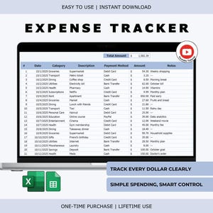 May include: A laptop screen displays an expense tracker spreadsheet. The spreadsheet shows categories like groceries and dining, with amounts and payment methods. Text at the top reads "EXPENSE TRACKER". Below, it says "TRACK EVERY DOLLAR CLEARLY".