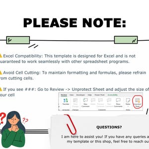 Puede incluir: Un cartel amarillo de advertencia con un signo de exclamaci&oacute;n y el texto "PLEASE NOTE:"  El texto debajo del cartel incluye informaci&oacute;n sobre la compatibilidad con Excel, el corte de celdas y c&oacute;mo desproteger una hoja en Excel.  La imagen tambi&eacute;n incluye una captura de pantalla de la barra de men&uacute; de Excel con el bot&oacute;n "Unprotect Sheet" resaltado.  El texto "QUESTIONS?" se encuentra en la parte inferior de la imagen con un mensaje para solicitar asistencia.