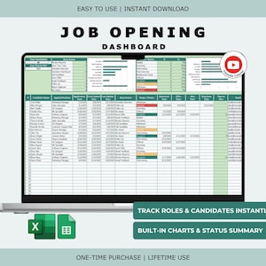 May include: A laptop displays a job opening dashboard with a spreadsheet layout. The screen shows data, charts, and the text "JOB OPENING DASHBOARD". Additional text includes "TRACK ROLES & CANDIDATES INSTANTLY" and "BUILT-IN CHARTS & STATUS SUMMARY".
