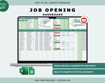 May include: A laptop screen shows a job opening dashboard with a spreadsheet layout. The screen displays data, charts, and the text "JOB OPENING DASHBOARD". Additional text includes "TRACK ROLES & CANDIDATES INSTANTLY" and "BUILT-IN CHARTS & STATUS SUMMARY".