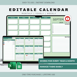 Editable Calendar Template: Monthly, Weekly & Yearly Views Excel