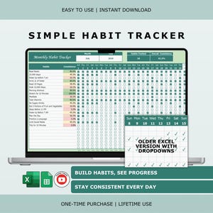 Peut inclure: Un suivi d'habitudes mensuel numérique affiché sur un écran d'ordinateur portable, présentant une interface de feuille de calcul verte et blanche avec des lignes pour les habitudes et des colonnes pour les coches quotidiennes. Une grille de calendrier affiche le texte OLDER EXCEL VERSION WITH DROPDOWNS.