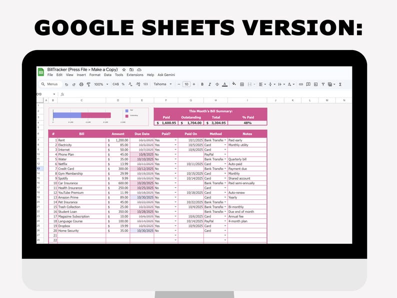 May include: A computer screen shows a Google Sheets spreadsheet labelled "BillTracker." The spreadsheet details monthly bills, such as rent and utilities, with amounts, due dates, and payment statuses highlighted in pink. The text "GOOGLE SHEETS VERSION:" is at the top.