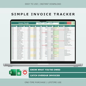 Op de afbeelding: Een digitaal spreadsheet weergegeven op een laptopscherm met de titel Simple Invoice Tracker, met kolommen voor klantnamen, datums en betalingsstatus met kleurgecodeerde cellen. De interface bevat Excel- en Google Sheets-pictogrammen en tekst.