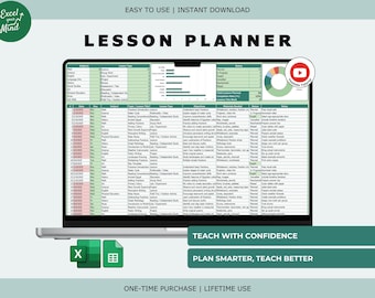 Op de afbeelding: Een laptop toont een lesplanner spreadsheet met een groen en wit kleurenschema. Het scherm toont kolommen voor vakken, les types en doelen. De tekst "LESSON PLANNER" staat bovenaan. De afbeelding bevat ook de tekst "TEACH WITH CONFIDENCE" en "PLAN SMARTER, TEACH BETTER".