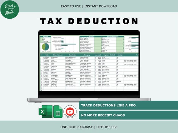 Tax Deduction Tracker with Dashboard: Business Expense Log, Receipt Organizer (Excel & Google Sheets)