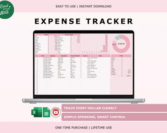 Expense Tracker Spreadsheet: Simple Monthly Spending Log in Pink (Excel & Google Sheets)
