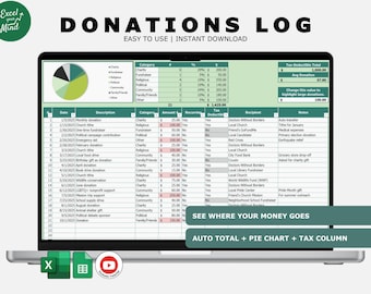 Track Donations, Pledges, Giving Goals & Tax-Deductible Gifts in Excel | One-Page Donation Log with Totals, Highlights Category Chart