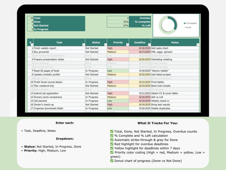 To Do List, Task Tracker With Priority, Deadline Status, Color ...