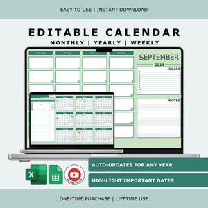 May include: A digital editable calendar template displayed on two laptop screens, featuring a monthly view for September 2024 with sections for goals and notes, alongside a yearly overview. The interface includes Excel and Google Sheets icons.