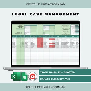Può includere: Un laptop mostra un foglio di calcolo intitolato "LEGAL CASE MANAGEMENT". Lo schermo mostra righe e colonne di dati, con evidenziazioni verdi e rosse. Il testo sullo schermo include "TRACK HOURS, BILL SMARTER" e "MANAGE CASES, GET PAID."