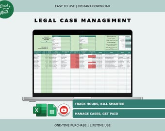 Legal Case Management for Lawyers: Deadlines, Time Log, Invoice, Case Notes (Excel & Google Sheets)
