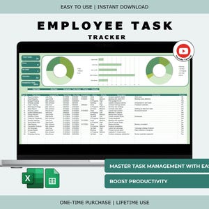 May include: A laptop displays an employee task tracker spreadsheet with a green and white color scheme. The screen shows charts and data tables. The text on the screen reads "EMPLOYEE TASK TRACKER". The image also includes the text "MASTER TASK MANAGEMENT WITH EASE" and "BOOST PRODUCTIVITY".