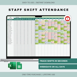 Puede incluir: Una pantalla de portátil muestra una hoja de cálculo de asistencia de turnos de personal. La hoja de cálculo está organizada con los nombres de los empleados y los horarios de los turnos. El texto en la pantalla incluye "STAFF SHIFT ATTENDANCE", "TRACK SHIFTS IN SECONDS" y "WEEKDAYS OR ALL DAYS".