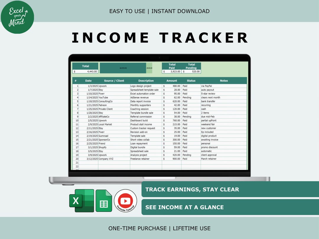 Weekly Income Log Income Tracker: Simple One-page Log (excel & Google Sheets) - Etsy