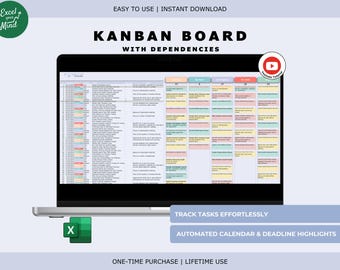 Plantilla de tablero Kanban con dependencias / Rastreador de estado de tablero de proyecto visual (¡solo Excel!)