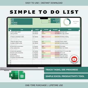 Może przedstawiać: Ekran laptopa wyświetla zielony i biały szablon listy zadań Excel. Arkusz kalkulacyjny pokazuje zadania, status, priorytet i terminy. U góry widnieje napis "SIMPLE TO DO LIST". Dodatkowy tekst to "ŚLEDŹ ZADANIA, ZOBACZ POSTĘPY" i "PROSTY NARZĘDZIE PRODUKTYWNOŚCI EXCEL".