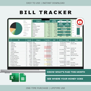 May include: A laptop displays a bill tracker spreadsheet with a pie chart and data tables. The screen shows categories like rent, utilities, and subscriptions. Text on the screen reads "BILL TRACKER" and "KNOW WHAT'S PAID THIS MONTH."