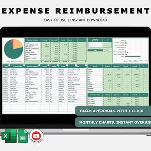 May include: A laptop displays an expense reimbursement spreadsheet with charts and data tables. The screen shows the text "EXPENSE REIMBURSEMENT" and "EASY TO USE | INSTANT DOWNLOAD". Additional text includes "TRACK APPROVALS WITH 1 CLICK" and "MONTHLY CHARTS, INSTANT OVERVIEW".