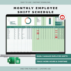 Calendario mensual de turnos de los empleados y lista de personal (Excel y Google Sheets)