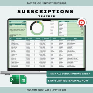 Subscription Tracker Spreadsheet – Recurring Monthly Bills Membership Log (Excel & Google Sheets)