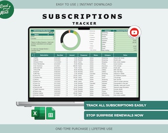 Subscription Tracker Spreadsheet – Recurring Monthly Bills Membership Log (Excel & Google Sheets)