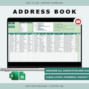Peut inclure: Un ordinateur portable affiche un modèle de carnet d'adresses avec des colonnes pour les informations de contact. L'écran affiche le texte "ADDRESS BOOK", "ORGANIZE ALL CONTACTS IN ONE PLACE" et "CLEAN LAYOUT, POWERFUL CONTACT TRACKER". L'image comprend également le texte "EASY TO USE | INSTANT DOWNLOAD" et "ONE-TIME PURCHASE | LIFETIME USE".