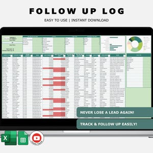 Pode incluir: Um laptop exibe uma planilha intitulada "FOLLOW UP LOG". A tela mostra uma tabela detalhada com colunas e linhas, incluindo gráficos. O texto na tela diz "EASY TO USE | INSTANT DOWNLOAD" e "NEVER LOSE A LEAD AGAIN!" e "TRACK & FOLLOW UP EASILY!"