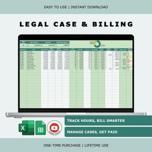 Könnte beinhalten: Ein Laptop zeigt eine Tabelle mit der Bezeichnung "LEGAL CASE & BILLING". Der Bildschirm zeigt Daten in einem grün-weißen Raster. Text wie "Total Paid" und "Outstanding Balance" sind sichtbar. Excel-, Google Sheets- und YouTube-Symbole sind darunter.