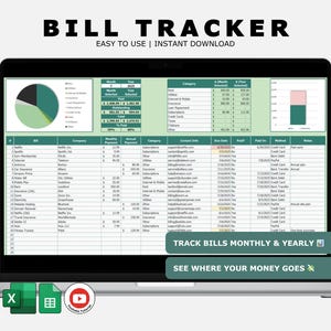 Bill Dashboard Excel Sheet zur Nachverfolgung von Zahlungen, monatlicher Budgetplaner mit Fälligkeitsdaten, Firmenkontaktlog und Jahresausgabenübersicht