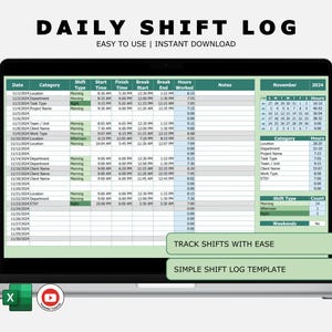 Op de afbeelding: Een laptopscherm toont een sjabloon voor een "Dagelijks Dienstrooster". De spreadsheet bevat kolommen voor datum, categorie, diensttype, start- en eindtijden en gewerkte uren. De tekst "Gemakkelijk te gebruiken | Direct downloaden" is ook zichtbaar.