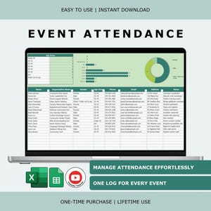 Puede incluir: Una computadora portátil muestra una hoja de cálculo de asistencia a eventos con tablas de datos y gráficos. La pantalla muestra el texto "EVENT ATTENDANCE" y las frases "EASY TO USE | INSTANT DOWNLOAD". Debajo, se lee "MANAGE ATTENDANCE EFFORTLESSLY" y "ONE LOG FOR EVERY EVENT".