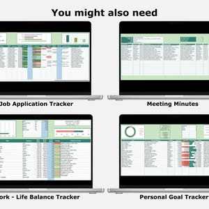 Puede incluir: Cuatro pantallas de port&aacute;tiles que muestran diferentes plantillas de hojas de c&aacute;lculo para realizar un seguimiento de las solicitudes de empleo, las actas de las reuniones, el equilibrio entre el trabajo y la vida personal y los objetivos personales. Las plantillas est&aacute;n dise&ntilde;adas con un esquema de color verde y blanco.