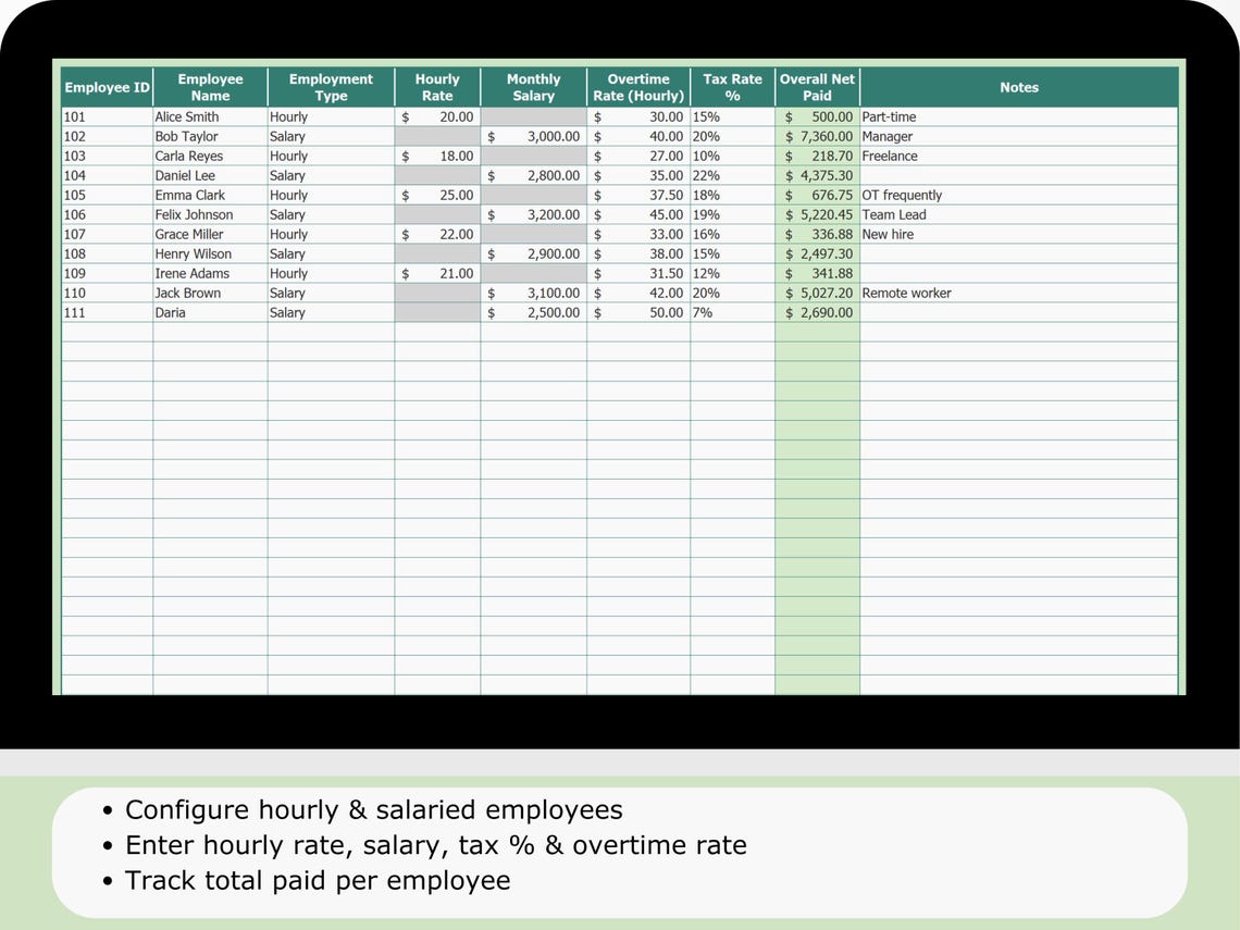 Mastercard Payroll Payroll Spreadsheet | Salary, Overtime & Tax Calculator (excel, Google ...